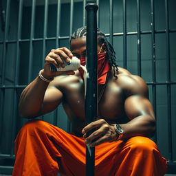 A close-up image of a muscular African American gang member sitting in a prison cell