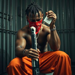 A close-up image of a muscular African American gang member sitting in a prison cell