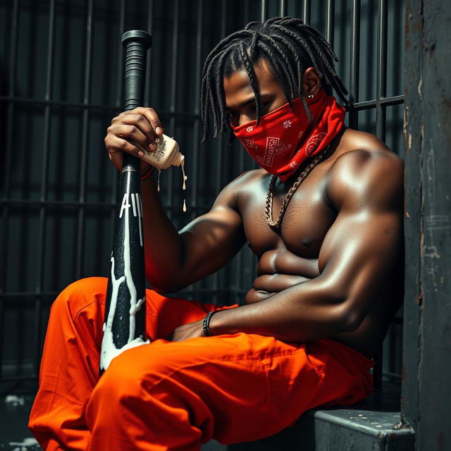 A close-up image of a muscular African American gang member sitting in a prison cell