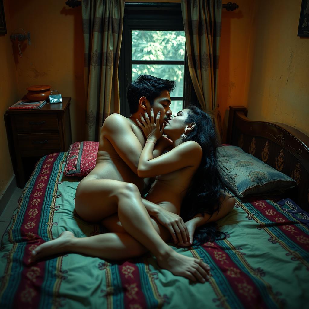 A sensual scene set in a cozy Indian hostel room, showcasing a young couple