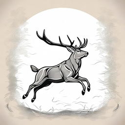 An illustration of a male deer with large antlers, gracefully galloping or leaping, rendered with linear detail and great intricacy