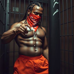 A close-up shot of a muscular African American gang member in a prison cell, wearing baggy orange pants and a red bandana mask covering his mouth and nose