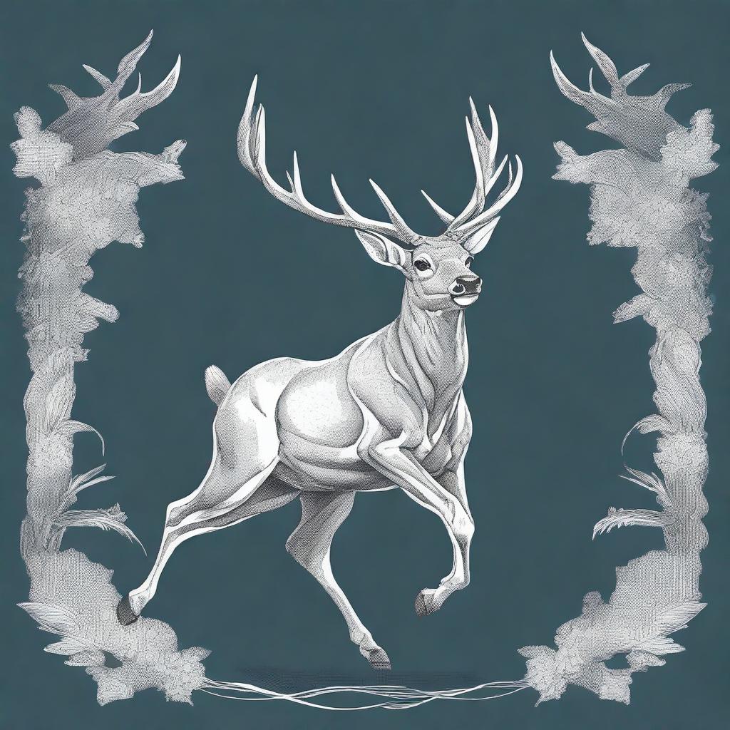 An illustration of a male deer with large antlers, gracefully galloping or leaping, rendered with linear detail and great intricacy