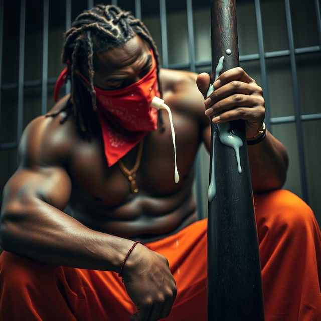 A close-up shot of a muscular African American gang member in a prison cell, wearing baggy orange pants and a red bandana mask covering his mouth and nose