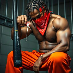 A close-up shot of a muscular African American gang member in a prison cell, wearing baggy orange pants and a red bandana mask covering his mouth and nose