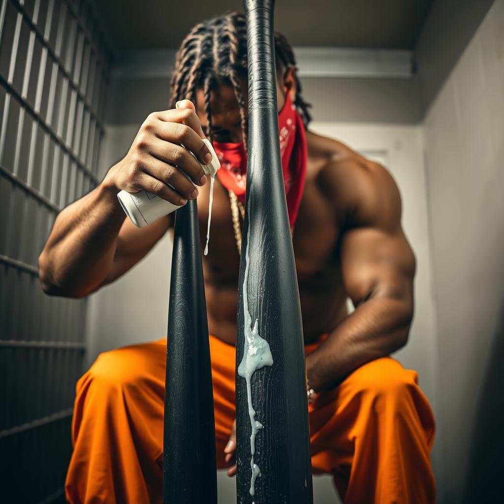 A close-up shot of a muscular African American gang member in a prison cell, wearing baggy orange pants and a red bandana mask covering his mouth and nose