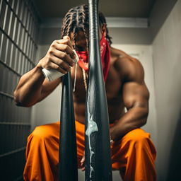 A close-up shot of a muscular African American gang member in a prison cell, wearing baggy orange pants and a red bandana mask covering his mouth and nose