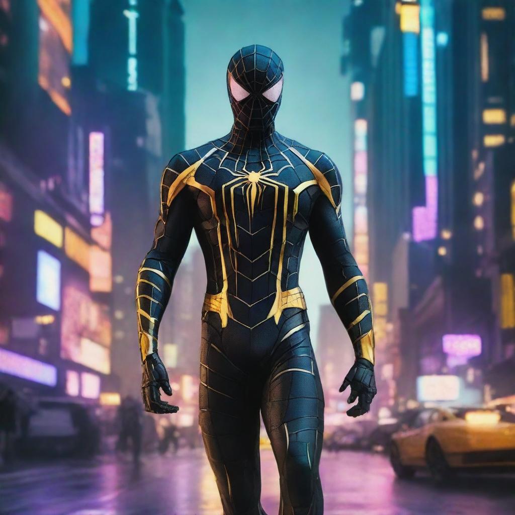 Create an image of Cyberpunk Spiderman in a sleek black and gold suit, navigating through a futuristic neon cityscape under a dystopian twilight sky