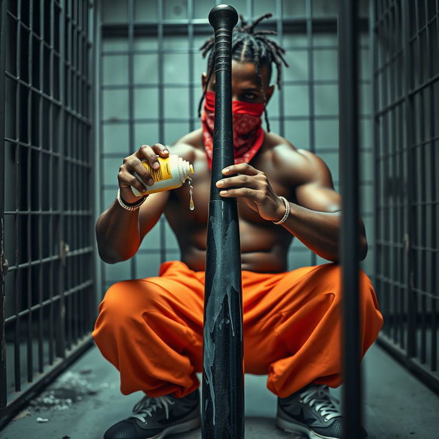 A close-up of a muscular African American gang member sitting in a prison cell