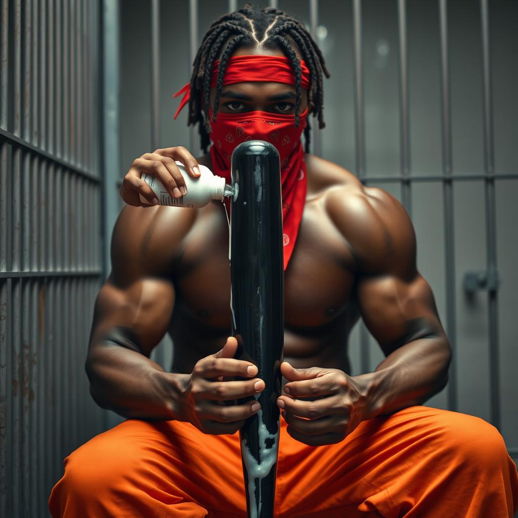 A close-up of a muscular African American gang member sitting in a prison cell