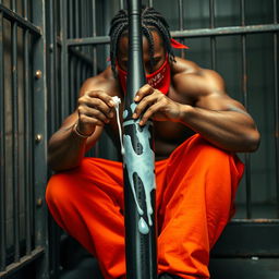 A close-up of a muscular African American gang member sitting in a prison cell