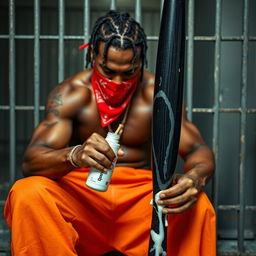 A close-up of a muscular African American gang member sitting in a prison cell