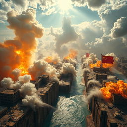 A dramatic depiction of the Panama Canal being destroyed, featuring intense explosions and chaos