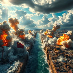 A dramatic depiction of the Panama Canal being destroyed, featuring intense explosions and chaos
