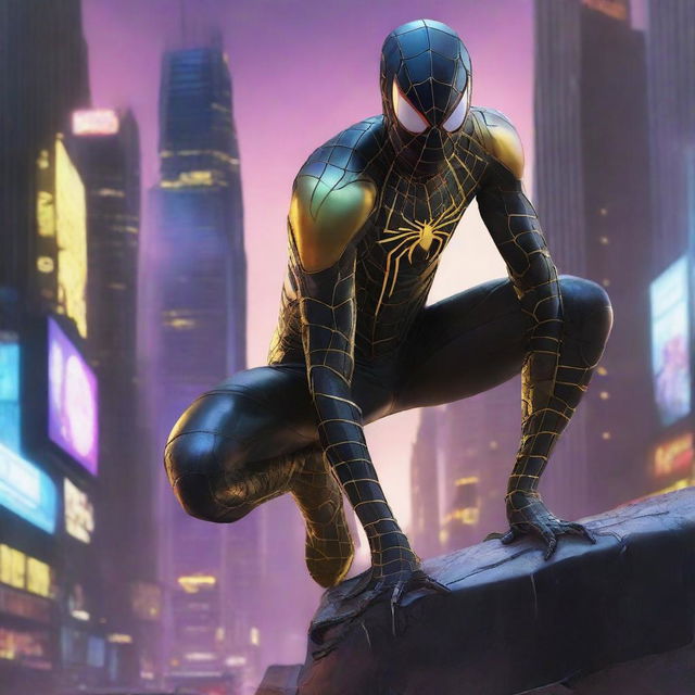 Create an image of Cyberpunk Spiderman in a sleek black and gold suit, navigating through a futuristic neon cityscape under a dystopian twilight sky