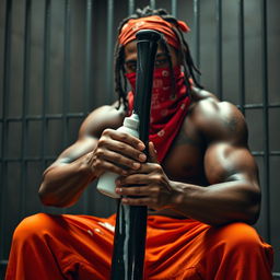 A close-up shot of a muscular African American gang member, wearing baggy orange pants and a red bandana mask covering his mouth and nose