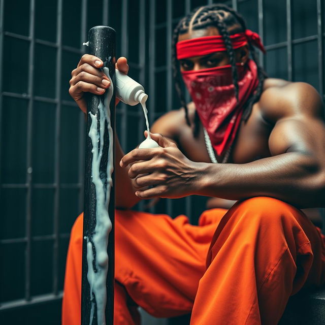 A close-up shot of a muscular African American gang member, wearing baggy orange pants and a red bandana mask covering his mouth and nose