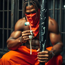 A close-up shot of a muscular African American gang member, wearing baggy orange pants and a red bandana mask covering his mouth and nose