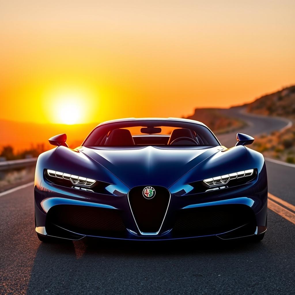 A stunning 2024 Alfa Romeo Stradale 33 designed in the style of a Bugatti, showcasing sleek lines and aerodynamic curves