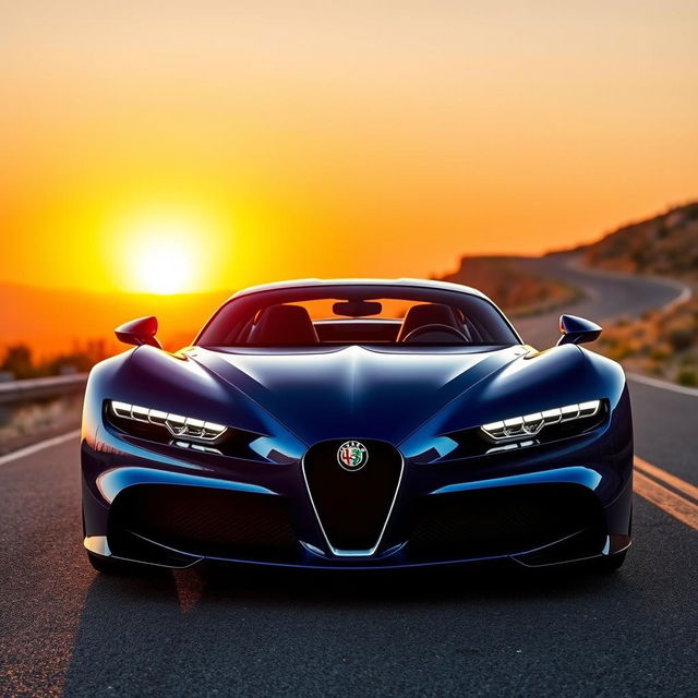 A stunning 2024 Alfa Romeo Stradale 33 designed in the style of a Bugatti, showcasing sleek lines and aerodynamic curves