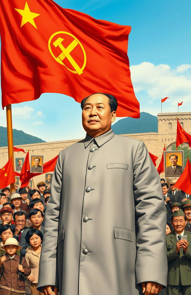 A historical depiction of Mao Zedong, the founding father of the People's Republic of China, standing proudly in front of a large red banner adorned with the emblem of the Communist Party of China