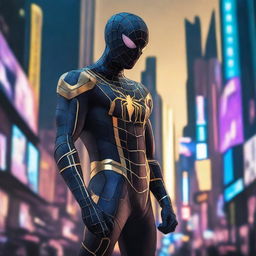 Create an image of Cyberpunk Spiderman in a sleek black and gold suit, navigating through a futuristic neon cityscape under a dystopian twilight sky