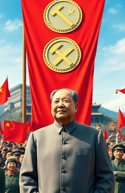 A historical depiction of Mao Zedong, the founding father of the People's Republic of China, standing proudly in front of a large red banner adorned with the emblem of the Communist Party of China