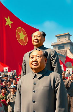 A historical depiction of Mao Zedong, the founding father of the People's Republic of China, standing proudly in front of a large red banner adorned with the emblem of the Communist Party of China