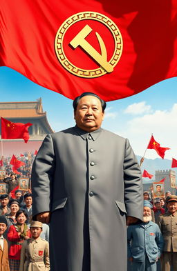 A historical depiction of Mao Zedong, the founding father of the People's Republic of China, standing proudly in front of a large red banner adorned with the emblem of the Communist Party of China