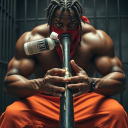 A close-up view of a muscular African American gang member with prominent muscles, wearing baggy orange pants and a red bandana covering his mouth and nose