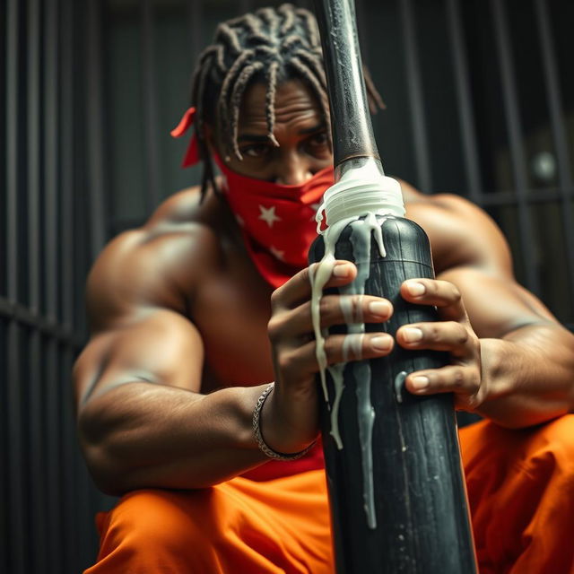 A close-up view of a muscular African American gang member with prominent muscles, wearing baggy orange pants and a red bandana covering his mouth and nose