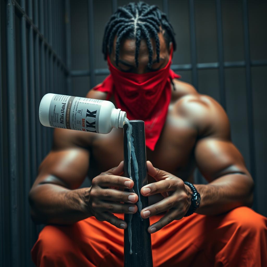 A close-up view of a muscular African American gang member with prominent muscles, wearing baggy orange pants and a red bandana covering his mouth and nose