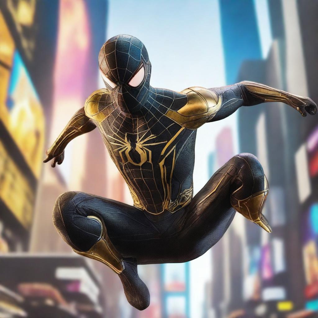 Create an image of a futuristic Spiderman in a stunning black and gold suit, nimbly leaping between holographic billboards and floating vehicles under a digital sky in a far-off future city