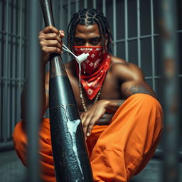 A close-up image of a muscular African American gang member sitting in a prison cell