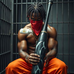A close-up image of a muscular African American gang member sitting in a prison cell