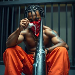 A close-up image of a muscular African American gang member sitting in a prison cell