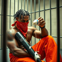 A close-up image of a muscular African American gang member sitting in a prison cell