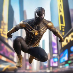 Create an image of a futuristic Spiderman in a stunning black and gold suit, nimbly leaping between holographic billboards and floating vehicles under a digital sky in a far-off future city