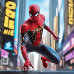 Create an image of a futuristic Spiderman in a stunning black and gold suit, nimbly leaping between holographic billboards and floating vehicles under a digital sky in a far-off future city