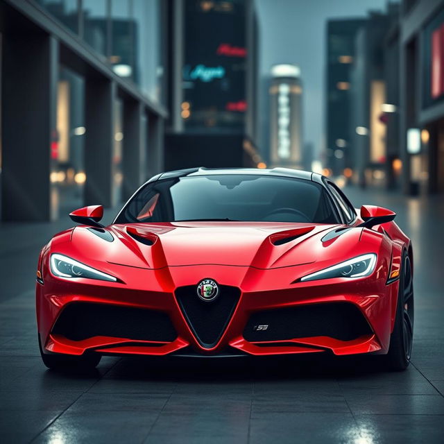 A stunning 2024 Alfa Romeo Stradale 33 redesigned with Rimac influences, showcasing a sleek, aerodynamic body with sharp lines and a futuristic look