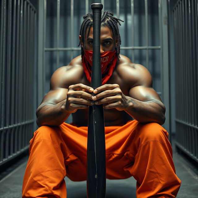 A close-up portrait of a muscular African American gang member sitting in a prison cell