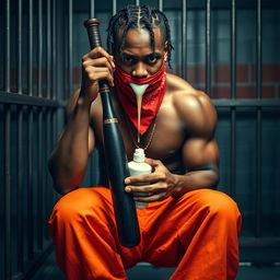 A close-up portrait of a muscular African American gang member sitting in a prison cell