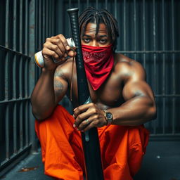 A close-up portrait of a muscular African American gang member sitting in a prison cell