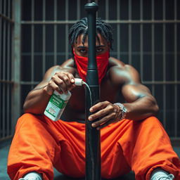 A close-up portrait of a muscular African American gang member sitting in a prison cell