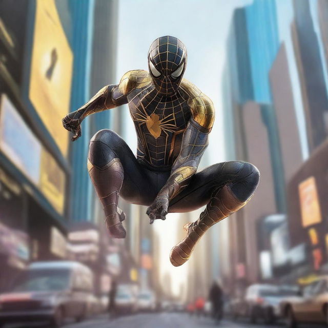 Create an image of a futuristic Spiderman in a stunning black and gold suit, nimbly leaping between holographic billboards and floating vehicles under a digital sky in a far-off future city