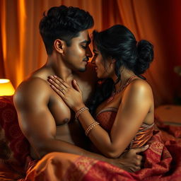 An intimate and passionate scene depicting an erotic encounter between an Indian couple