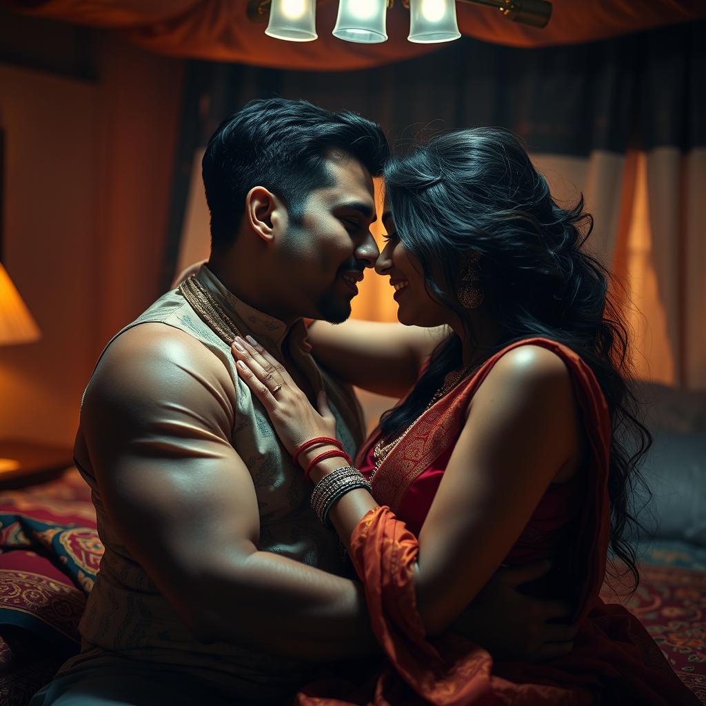 An intimate and passionate scene depicting an erotic encounter between an Indian couple