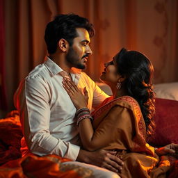 An intimate and passionate scene depicting an erotic encounter between an Indian couple