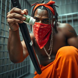 A close-up portrait of a muscular African American gang member in a prison cell