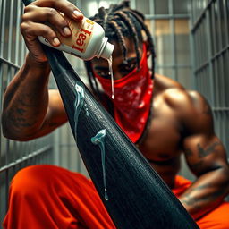 A close-up portrait of a muscular African American gang member in a prison cell